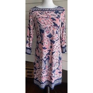 INC Paisley Shift Dress Women's M Navy Pink Long Sleeve Stretch Knee Length